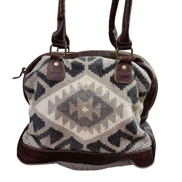 Myra Canvas And Leather Southwestern Shoulder Bag Double Leather Handles - Picture 11 of 12